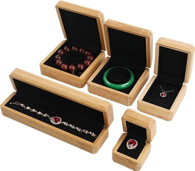 Eco-Friendly Natural Polished Bamboo Jewelry Box Set Luxury Velvet Lining Gift Packaging for Ring Pendant Bracelet Necklace