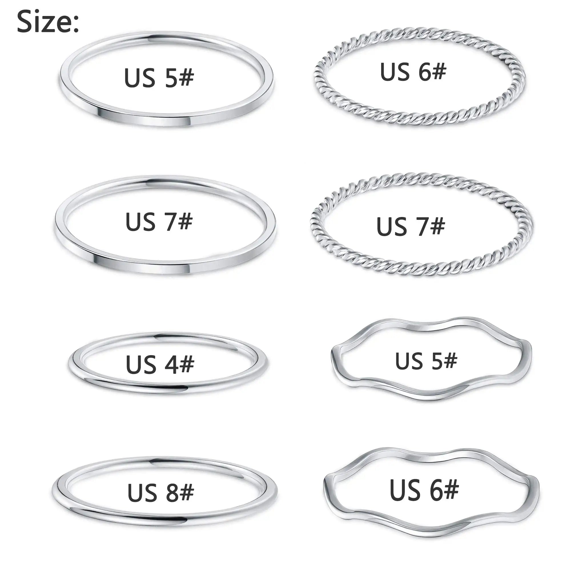 Women's Fashion Simplicity Stainless Steel Midi Thin Wave Rings Comfort Fit Silver Plain Band Knuckle Stacking Jewelry for Women