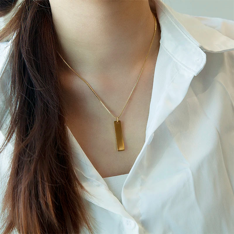 Custom Personality Engraved Name LOGO Letter Stainless Steel  Initial Gold Plated Rectangle Vertical Bar Rectangle Necklace
