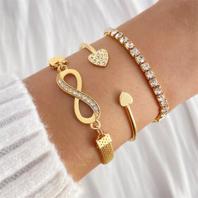 New Trendy Gold Metal Bracelets Set Crystal Heart Pentagram Pendant Adjustable Bracelet Intersecting Bangle Fashion Jewelry