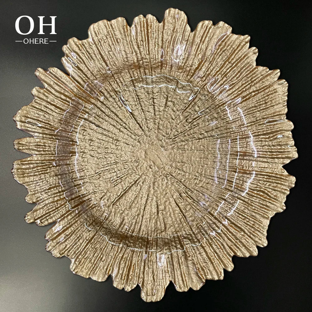 Luxury Eco-Friendly Glass for Charger Plate Golden Pattern Design Clear and Transparent Glassware for Wedding and Restaurant Use