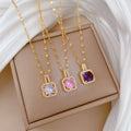 New Real 18k Gold Plated Purple White Pink Zircon Necklace 316 Stainless Steel Square Shape Round Diamond Pendant Necklace