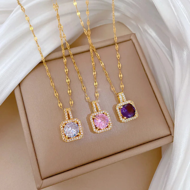 New Real 18k Gold Plated Purple White Pink Zircon Necklace 316 Stainless Steel Square Shape Round Diamond Pendant Necklace