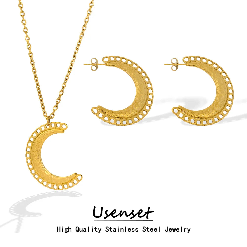 Stainless Steel Jewelry Set Moon Earrings Gold Plated  Exquisite Flat Curve Pendant Necklace Accessories for Women