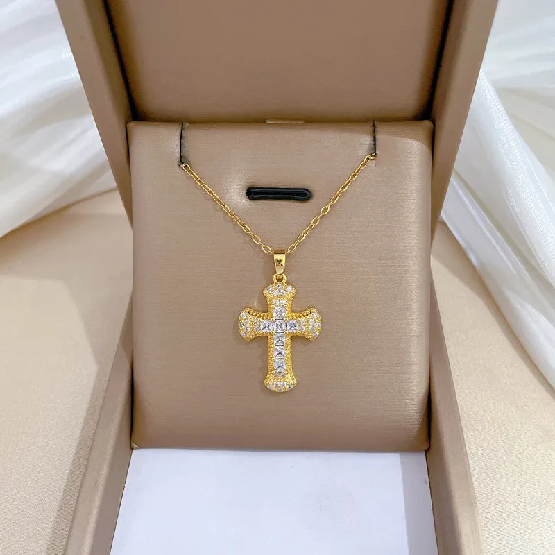 Fancy Europe Fashion Stainless Steel Crystal Rhinestone Cross Pendant Necklace for Women Girls Jewelry
