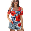 Soft Breathable Fashionable Hawaiian Red Flower Printed Women's Cold Shoulder Tops Short Sleeve V Neck T Shirts Basic Summer Tee MegaBDM