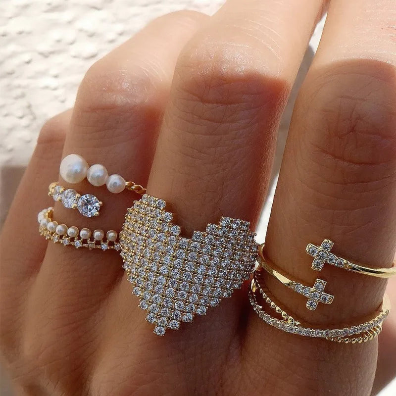 New Trendy Micro Pave Iced Out Heart Ring Open Adjustable 14K Real Gold Plated Zircon Inlaid Big Heart Rings