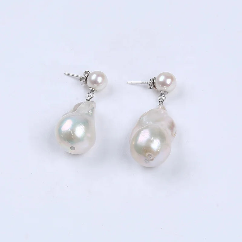 7mm Natural Freshwater White Round Baroque Pearl Jewelry Women Drop Studs Earrings