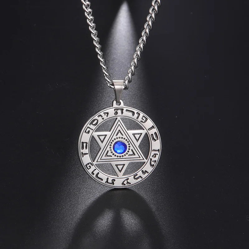 2021 Star of David Pendant Vintage Hebrew Necklace Religious Blue Stone Necklace for Men and Women Stainless Steel Jewelry Gifts