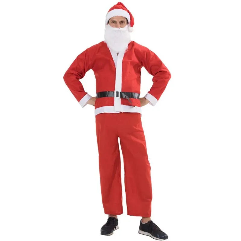 Christmas Coat Pants Beard Belt Hat 5pcs Fancy Cosplay Adults Christmas Santa Claus Costume for Men Women FCDR-006