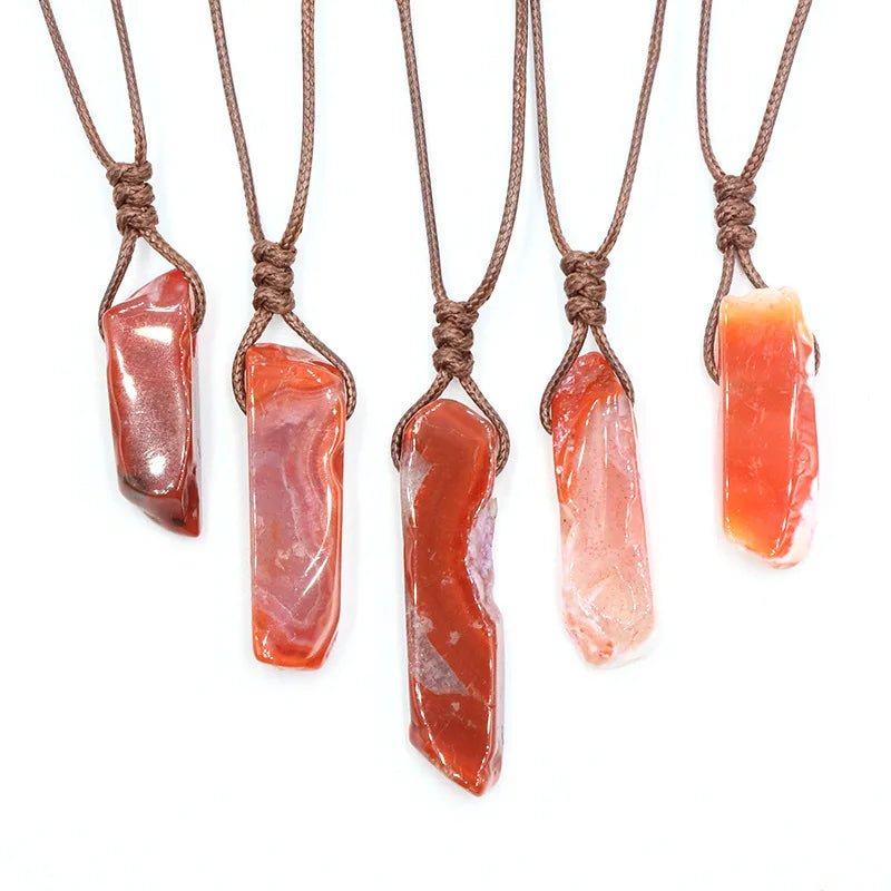 Trending Healing Handmade Knotted Waxed Rope Bohemian Style Carnelian Irregular Rectangle Gemstone Crystal Pendant Necklace