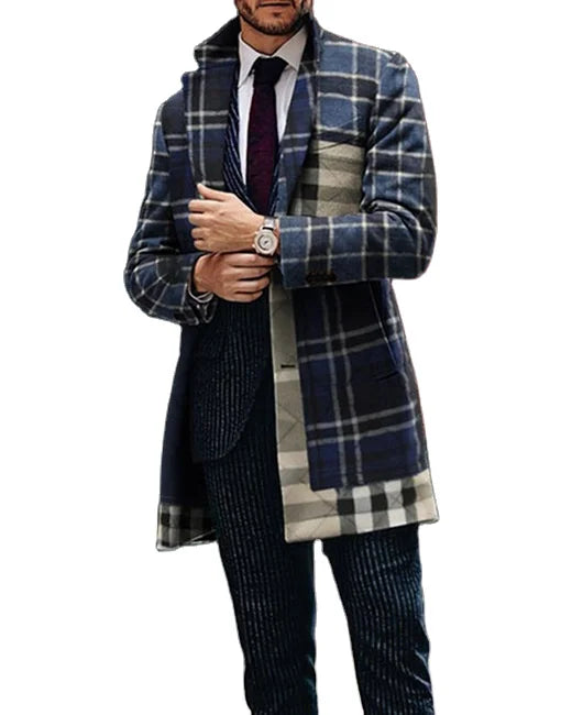New Arrival Men's Long Trench Coat Fall Winter Single Breasted Warm Soft Overcoat Plaid Pattern Cold Resistant Blazer