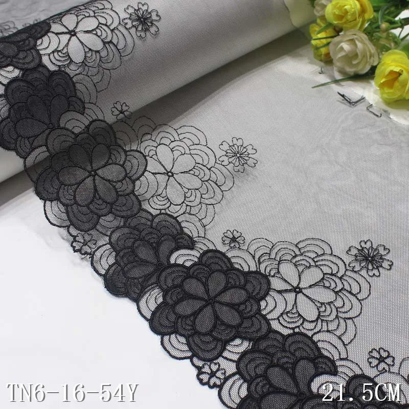 Classic Design Polyester 21cm Fancy Big Flower Black Net Embroidered Lace Trim Embroidery Mesh Fabric for Lady Lingerie Dress