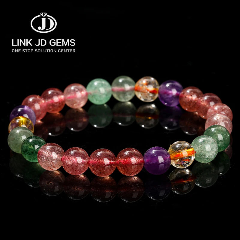 JD Classic Semi-precious Fashion Elegant Stretch Unisex Bracelet Yoga Energy Wristband Natural Tourmaline Strawberry Quartz