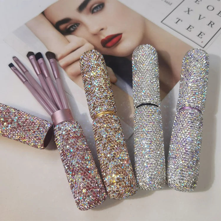Professional Cosmetic Tool Diamond Crystal Custom Logo Pony Hair Eyebrow Eyeliner 5pcs Makeup Brush Set for Eye Shadow