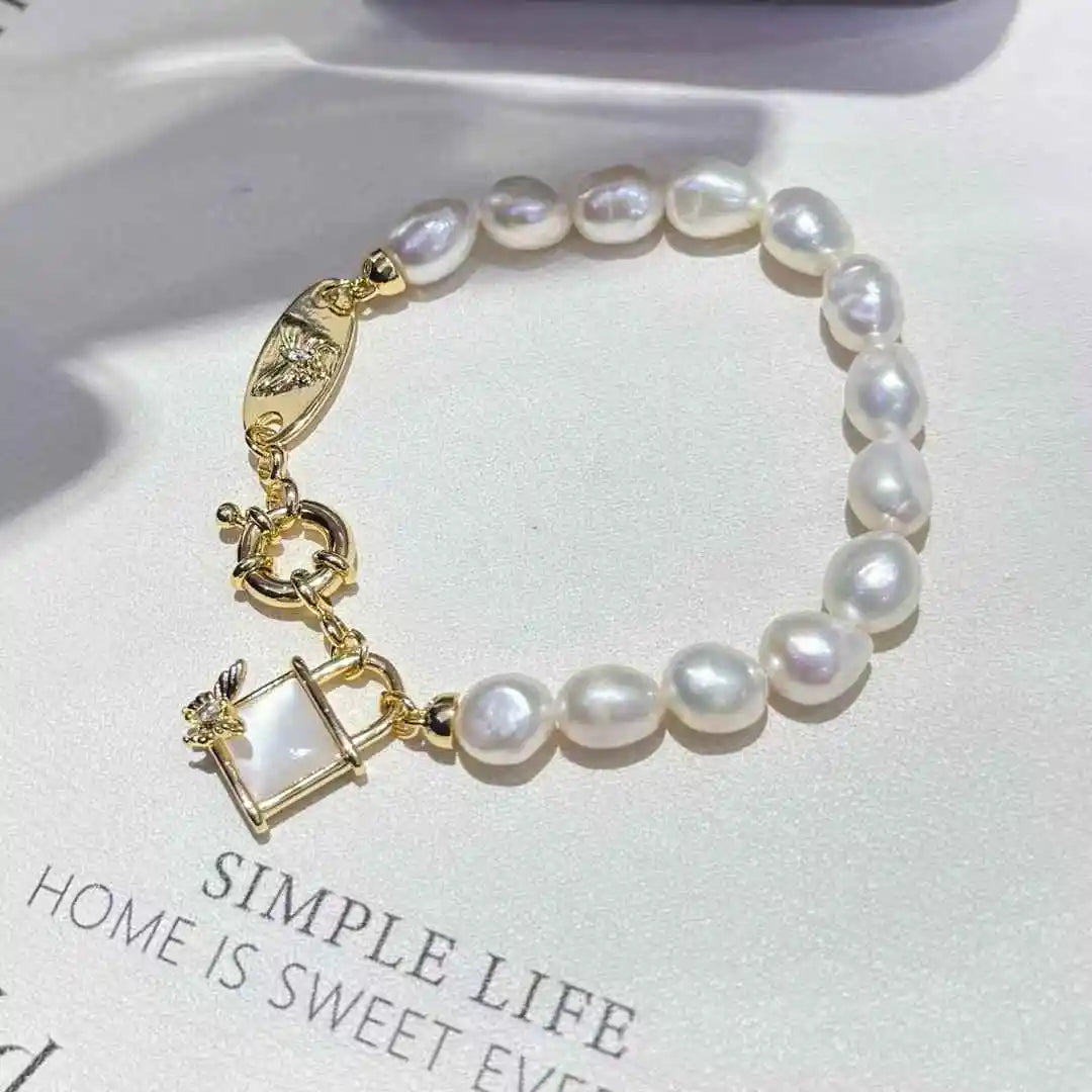 New Butterfly Lock Baroque Pearl Bracelet 8mm Natural Freshwater Pearl Love Lock Jewelry Gold Plated AAA Grade Trendy for Women