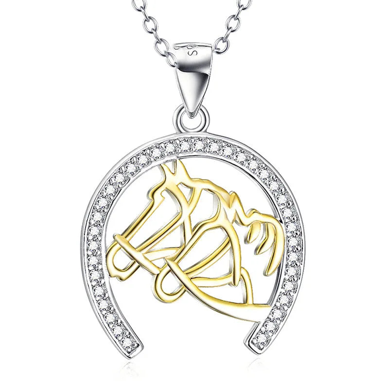 Fine Jewelry 925 Sterling Silver Gold Plated Horseshoe Horse Head Pendant Necklace for Women