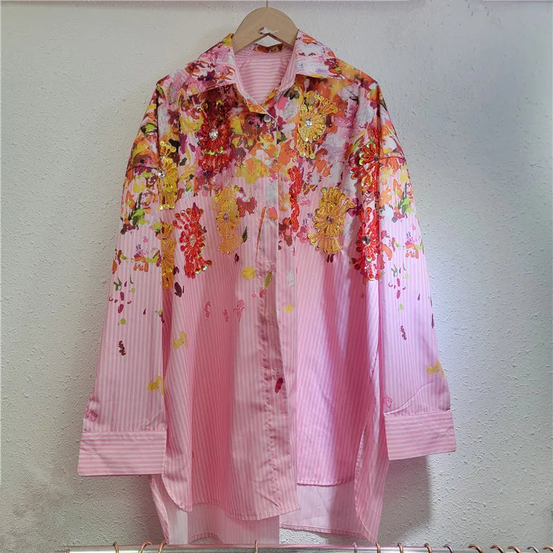 Boutique Wholesale 2025 Spring New Fashion Lapel Print Casual Loose Long Sleeved Women's Shirt