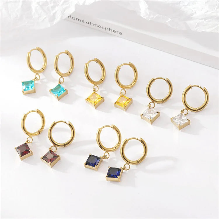 Vintage Luxury Jewelry Gold Plated square Gemstone Pendant Earrings