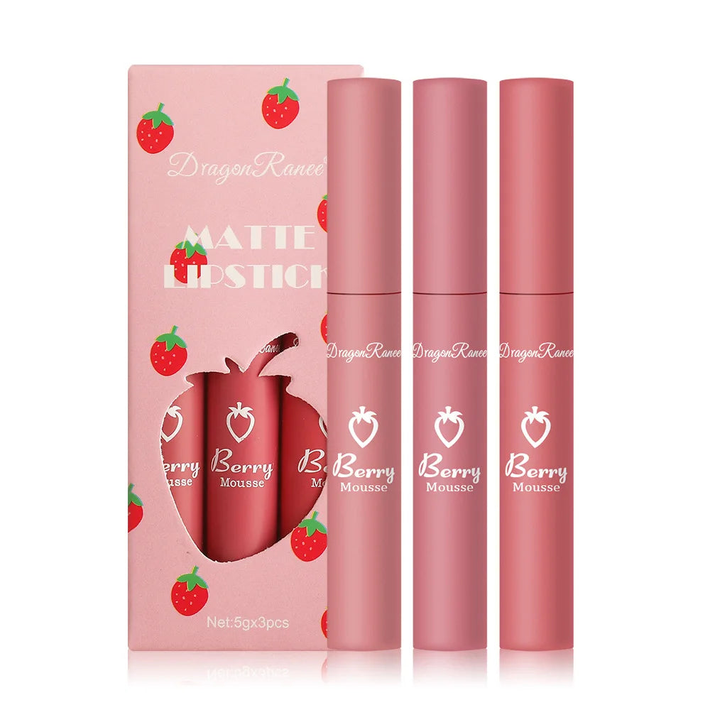 Dragon Ranee3pcs/box Strawberry Set Set Velvet Matte Lip Glaze Lipstick Lip Gloss for Women Non-Sticky Cute Set J1