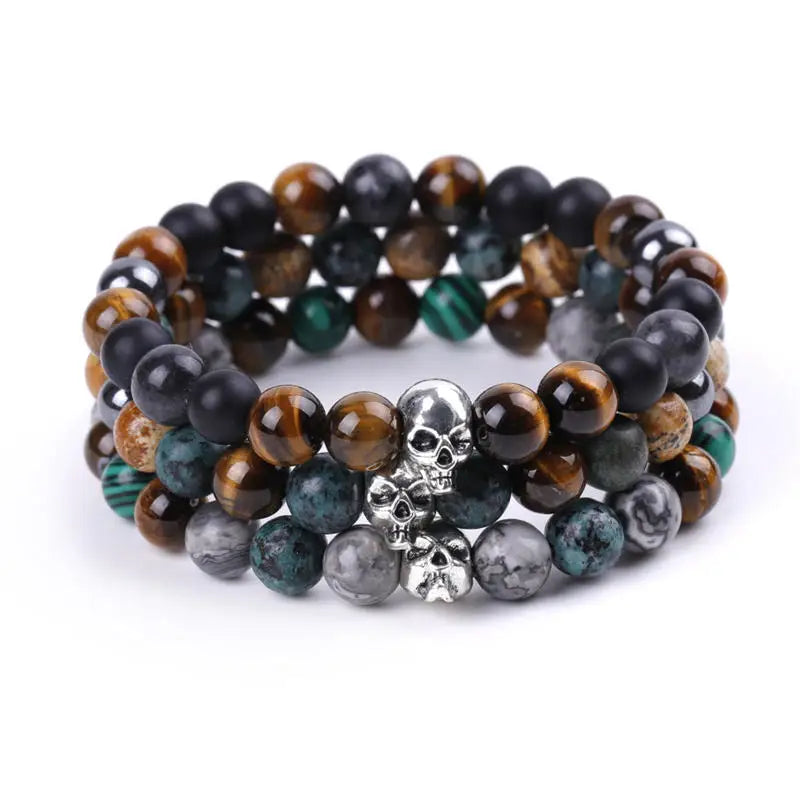 Wholesale 8mm Polished African Turquoise Beads New Designs Skull Bracelet Natural Tiger Eye Unisex Fashion Jewelry Bangle Gift