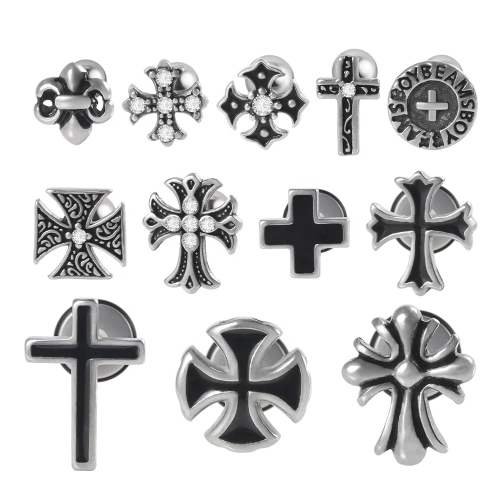 Neo-Gothic Cross Earrings Punk Zircon Stainless Steel Ear Tragus Cartilage Piercing Jewelry Women Men Featuring Pearl Perfect