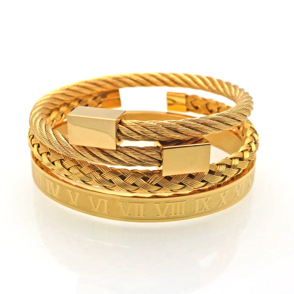 Fashion Titanium Bracelet Set Hiphop Style Creative Personality Roman Alphabet Opening Gold Plated Stainless Steel Bracelet Gift