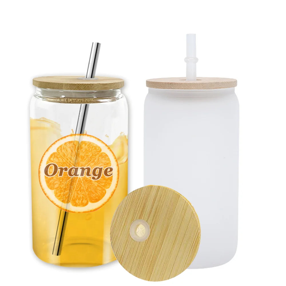 Stocked 12oz 16oz Clear Frosted Mason Jar Beer Can Glass with Bamboo Lid and Straw Sublimation Glass Mug