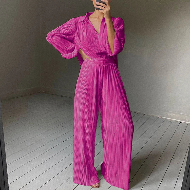 2023 New Long Sleeve Turn Collar Pleated Tops Wide Leg Pleated Pants Women Set