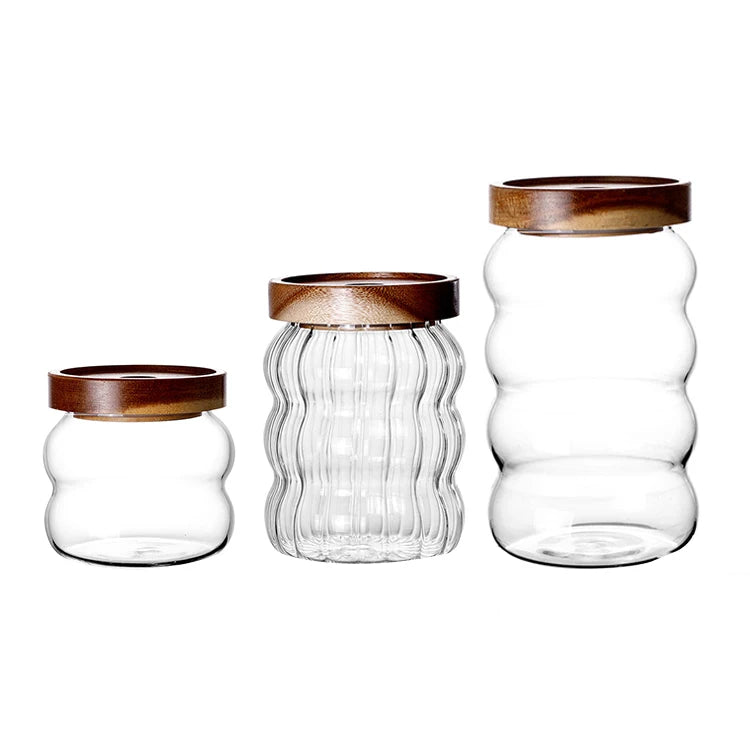 High Quality Spiral Striped Transparent Small 500ml Sealed Acacia Glass Storage Jar with Wooden Lid