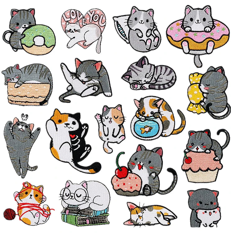 High Precision Embroidered Kitty Cat Patch Cartoon Iron-on Backing with Heart and Flower Shapes Fabric Material