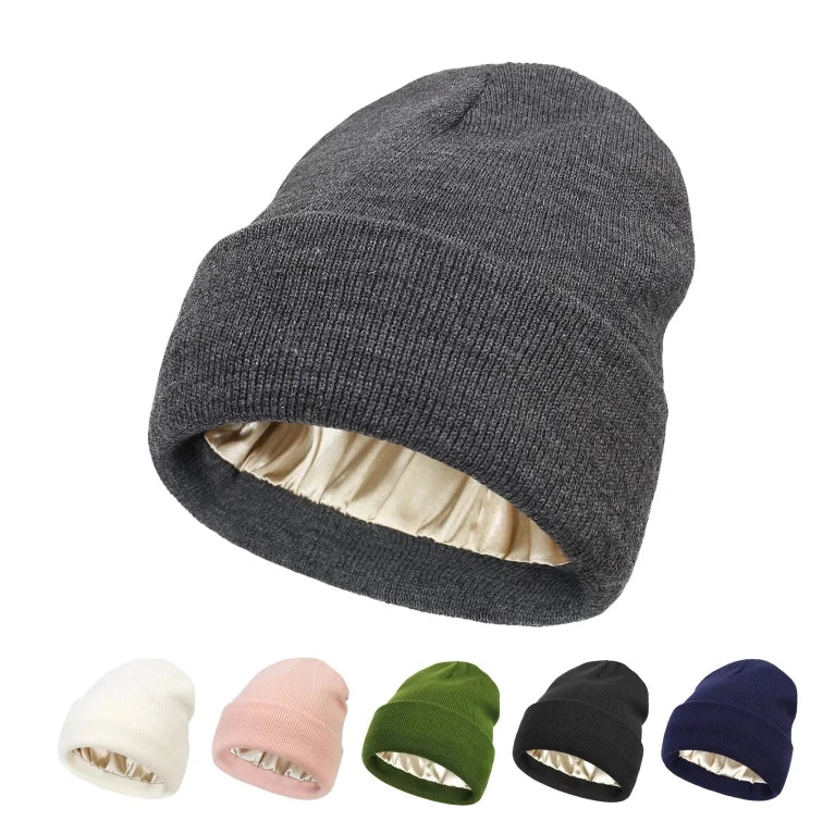 Wholesale High Quality Custom Logo Winter Warm Cuffed Outdoor Camouflage Dot Acrylic Knitted Satin Lined Beanie Hats