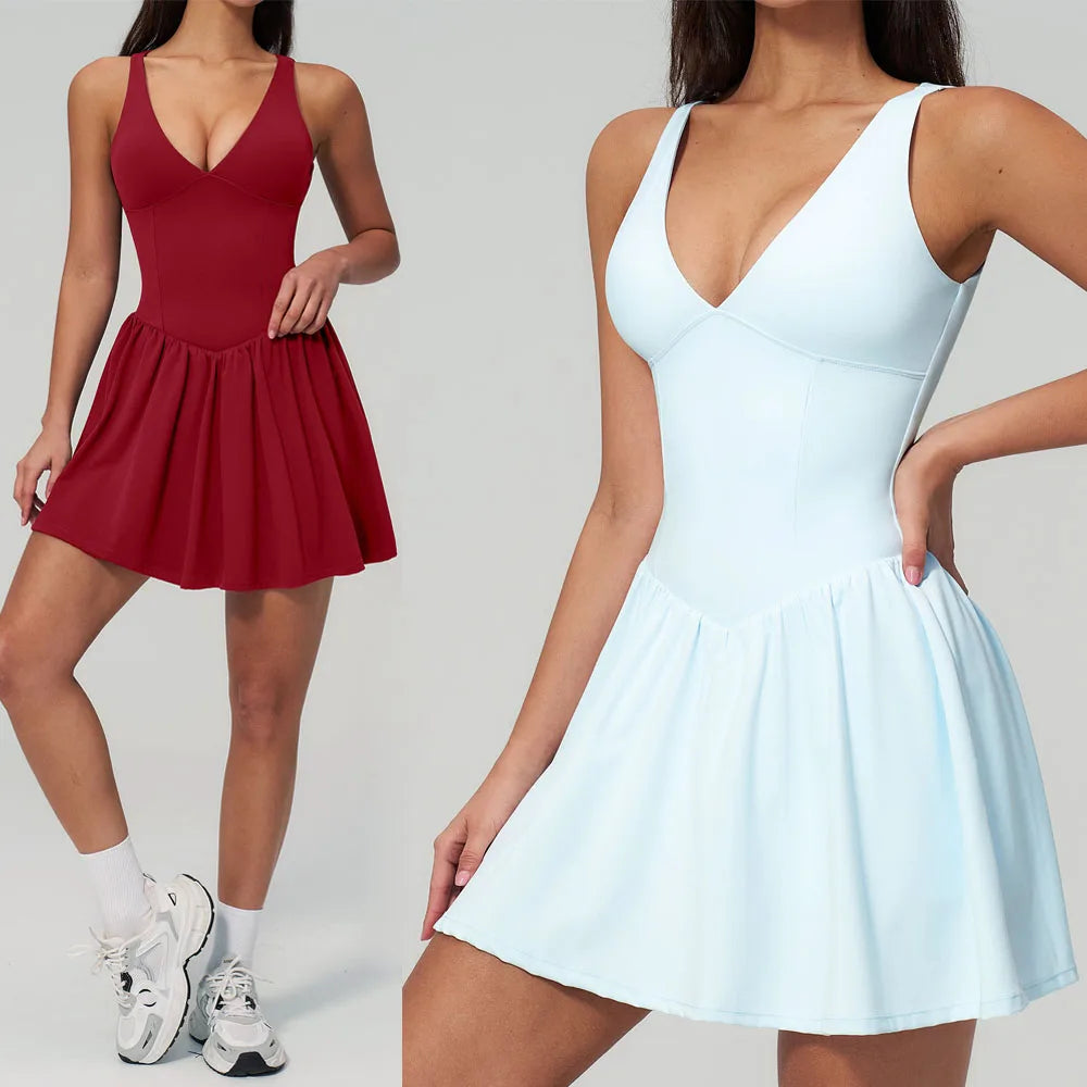 BNICE 9582 Women's V-Neck Tennis Dress Flowy Athletic Workout Dress with Shorts Golf Skirt Sleeveless Activewear for Workout Set