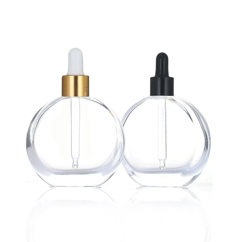 Luxury 50ml Empty Transparent Glass Serum Dropper Bottle Oblate Shape Essential Oil Containers Gold Top Dropper Carton Packed
