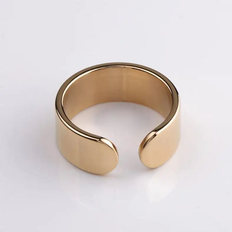 Trendy 18K Gold Plated Women's Adjustable Open Cuff Band Ring Simple Blanks Custom Engraving Word Logo Stainless Steel Material