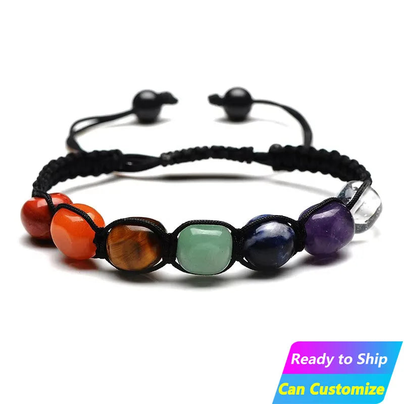 Color Tumbled Citrine Rose Quartz Woven Gemstone Beaded 7 Chakra Healing Crystal Beads Natural Raw Stones Bracelet Adjustable
