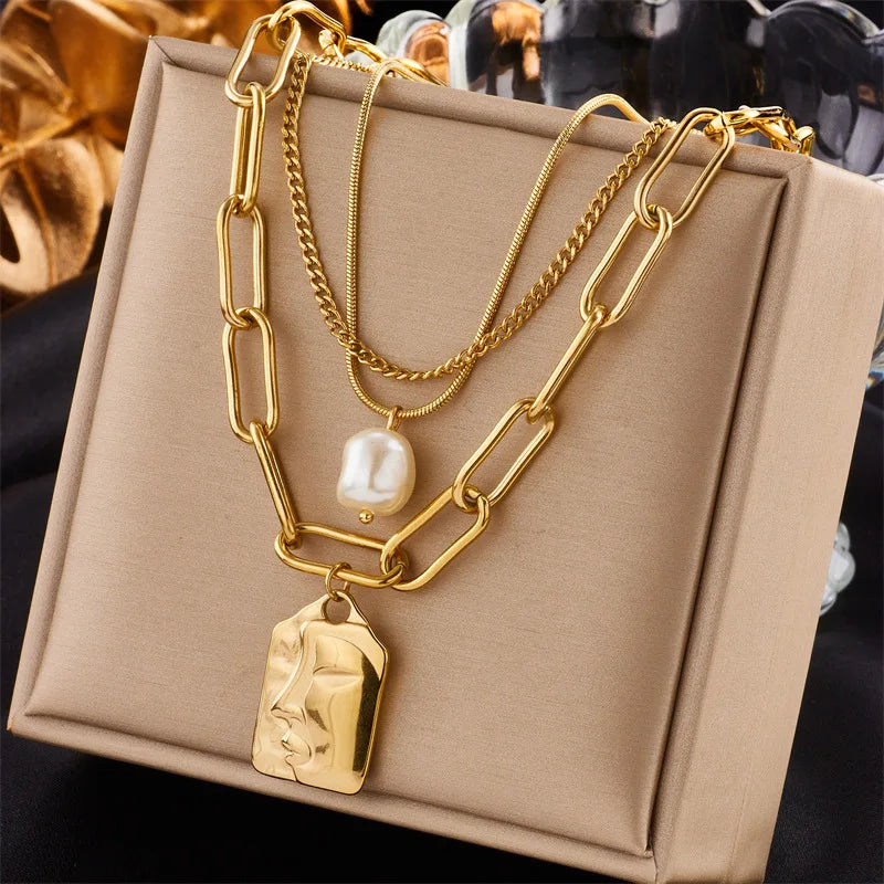 Nabest Stainless Steel Layers Pendant Paperclip Necklace Women Boho Jewelry Waterproof Gold Plated Pearl Clavicle Choker