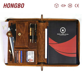 Unisex Zippered Business Portfolio in Genuine Leather Easy to Carry 13 Inch Large Briefcase for Office or School