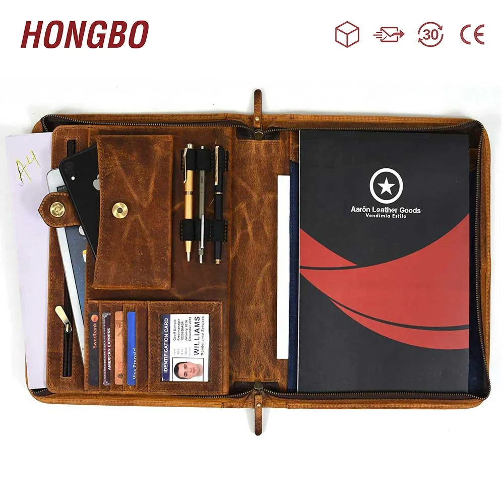 Unisex Zippered Business Portfolio in Genuine Leather Easy to Carry 13 Inch Large Briefcase for Office or School