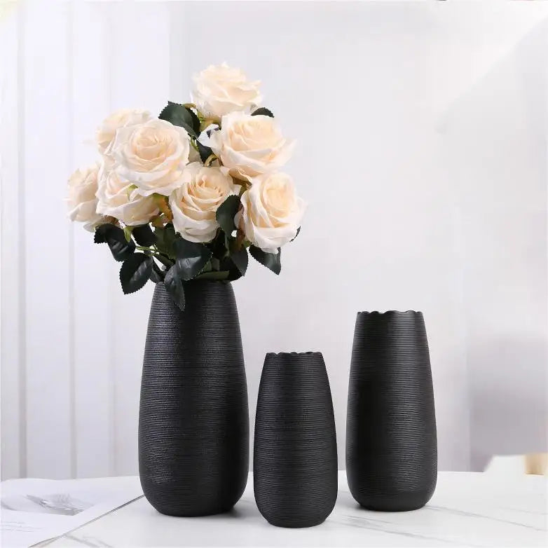 Handmade Modern Ceramic Vase Set of 3 Creative Brushed Black with Matt Glaze Porcelain Vases for Home Decor and Flowers