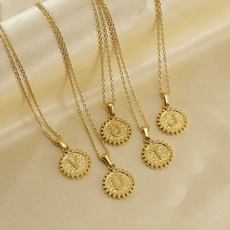 Wholesale New Simple Women Stainless Steel 18k Gold Plated Fashion Jewelry Round English Letter Necklace