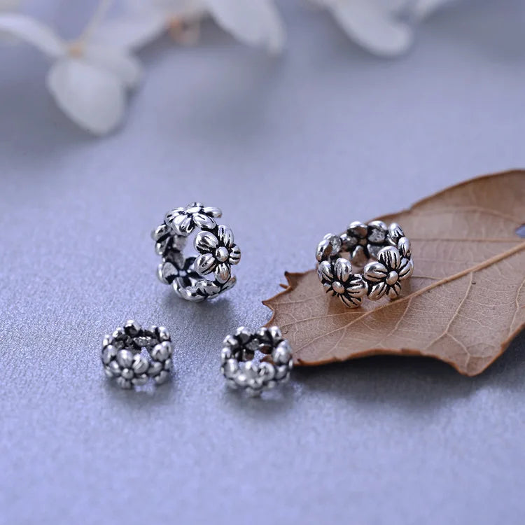 5.5mm 7.5mm 925 Sterling Antique Silver Engraving Flower Shaped  Flower Spacer Beads Wheel Beads for Jewelry Making