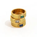 High End 18K Plain Gold Rectangle Clear Blue Green Zirconia Chunky Layer Ring Stainless Steel Trendy Simple Gold Plated Jewelry MegaBDM