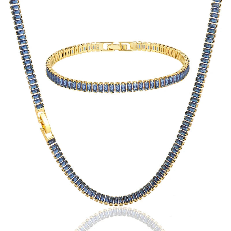 Light luxury charm ladies 4mm blue square zircon tennis chain set 18K gold-plated zircon tennis necklace bracelet