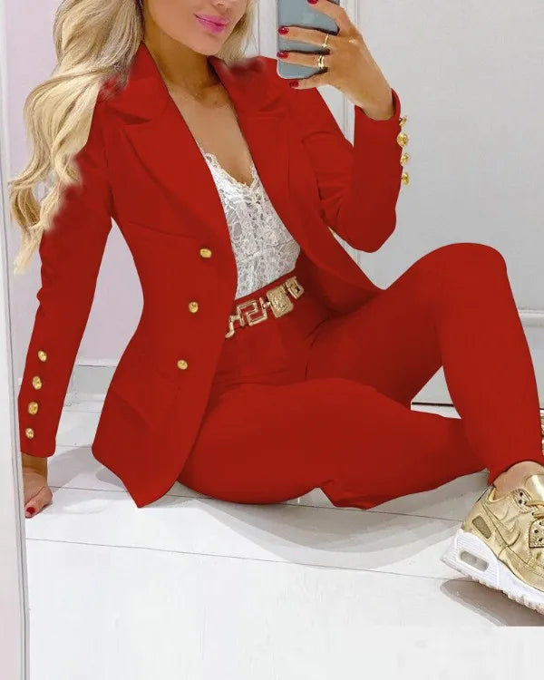 2024 Women's Casual Elegant Small Suit New Solid Color Two-Piece Set for Spring and Autumn Skinny Fit with Button Decoration