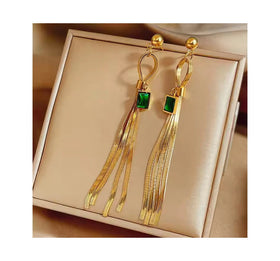 18K Gold Stainless Steel Chain Green Zircon Earrings Women Fashion Multilayer Snake Chain Long Tassel Earrings