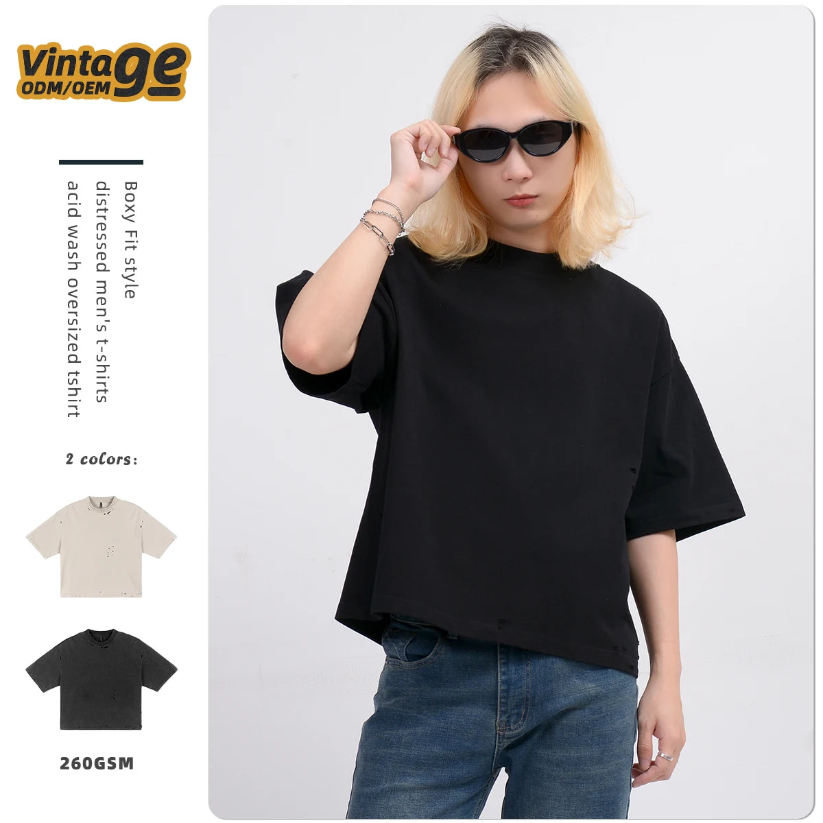 High Quality Heavyweight Knitted Print Distressed Men's Oversized T-shirts Acid Wash Custom Cropped Breathable Vintage