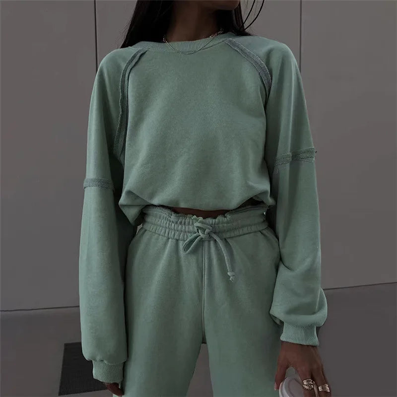 2023 Women's Casual Sports Street Wear Jogger Set Breathable Satin Sweatshirt Suites with Solid Pattern Autumn Fashion Print