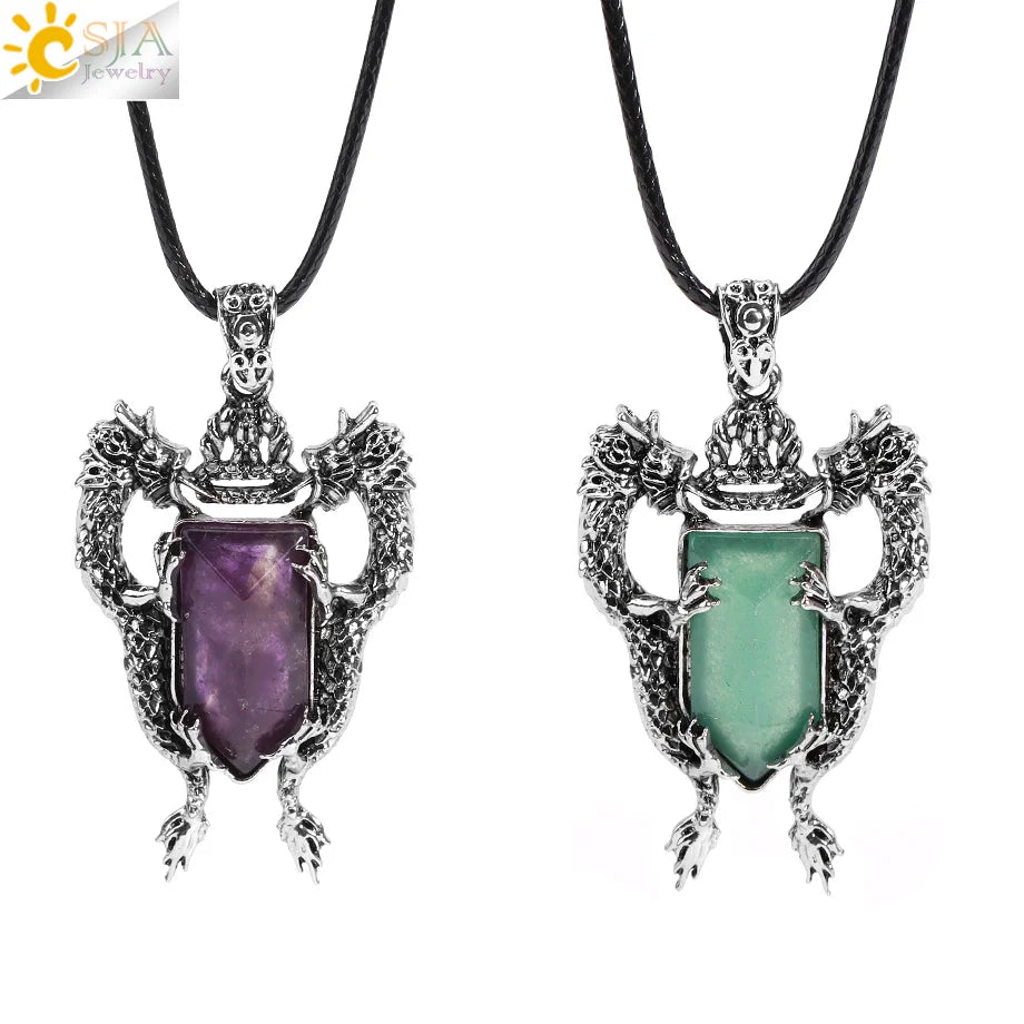 CSJA Man Necklace Natural Green Stone Double Dragon Pendant Healing Pink Quartz Amethyst Crystal Pendants Necklaces Jewelry H219