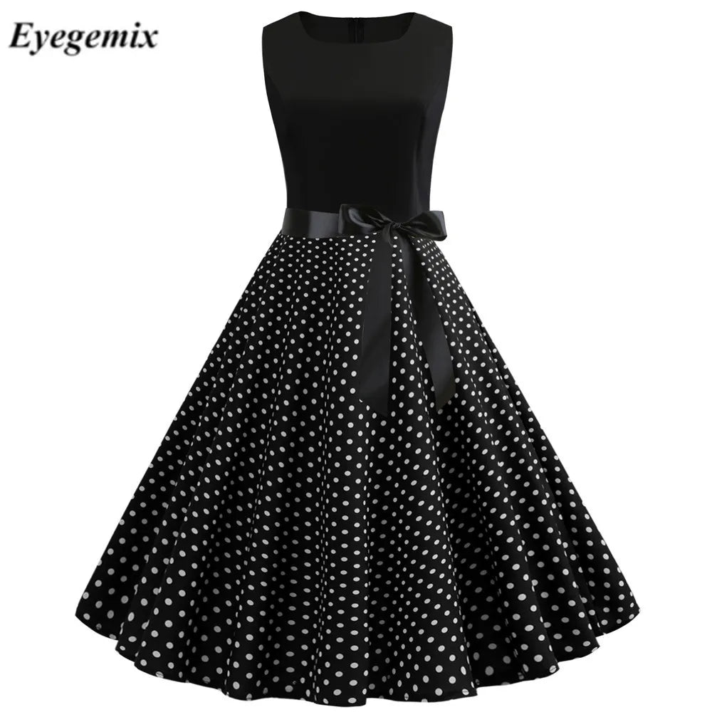 Women Summer Eco-Friendly Washable Casual Polka Dot Elegant Retro Vintage Knee-Length A-Line Dresses 50s 60s Robe Femme